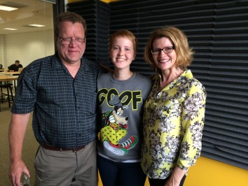 Kimberly Christensen with her dad Patrick and Rebecca at PRP.FM studio. Photo: Robert Parish