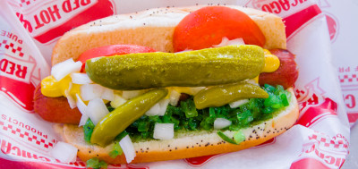 The Chicago dog which can be found at the Midwest Pizza Company located in the Mississippi Market Place food cart pod