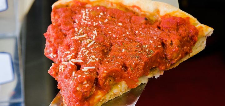 This Chicago deep dish pizza can be found at the Midwest Pizza Company located in the Mississippi Market Place food cart pod