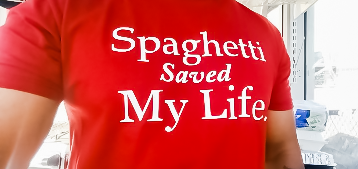 Peaches Ready Spaghetti Tshirt saying the Spaghetti Saved My Life
