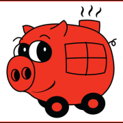 The Phat Cart Logo. A red, rotund pig on wheels. With a window and a chimney.