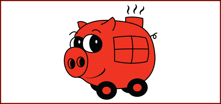 The Phat Cart Logo. A red, rotund pig on wheels. With a window and a chimney.
