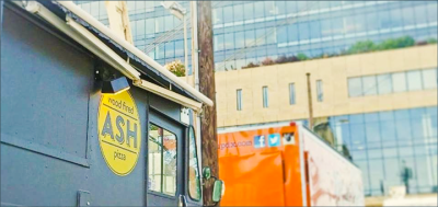 The ASH Wood Fired food cart seen at The Gantry food cart pod located at the lower station of the Portland Tram.