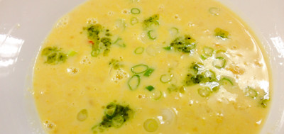 The roasted corn soup from the MF Tasty food cart located at the Beech Pod at NE Beech and Mississippi.