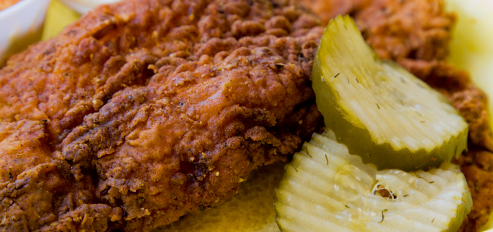 Fried chicken and chicken tenders and pickles from Cackalack's Hot Chicken Shack food cart