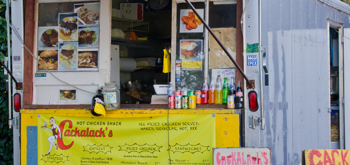 Cackalack's Hot Chicken Shack food cart. View of service window.