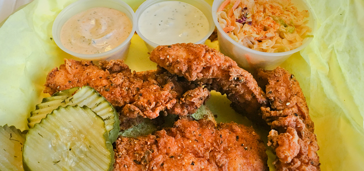 Fried chicken and chicken tenders from Cackalack's Hot Chicken Shack food cart