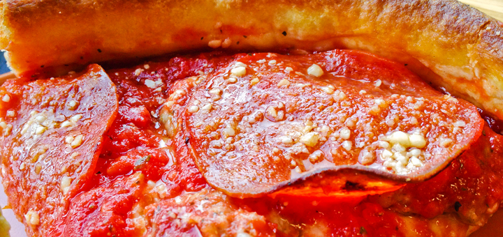 Chicago style deep dish pizza from the THiCK food cart