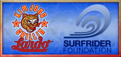 Header graphic for the blog post with Lardo & Kim Jong Grillin & Surfrider Foundation logos.