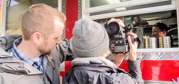Bryan Sebok interviews a food cart owner about the food carts of Portland for Food Truck The Movie.