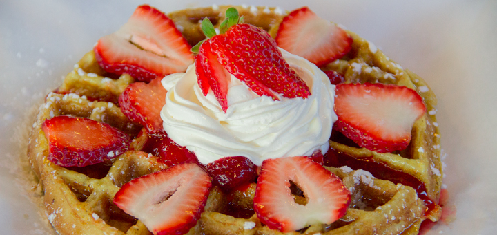 A photo of the strawberry waffle from the Rose City Waffles food cart at Happy Valley Station.
