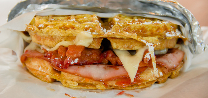 A photo of the Big Monty waffle from the Rose City Waffles food cart located at the Happy Valley Station food cart pod.